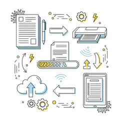 Digital document management workflow illustration showing cloud storage, data processing, printing, scanning, and mobile access for efficient business information systems © GearUp