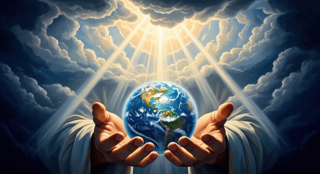 A globe with hands holding it, surrounded by clouds and a radiant light.