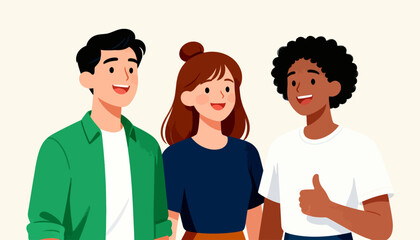 Fototapeta premium Three friends smile warmly, radiating joy and positivity. One friend gives a thumbs-up, signaling approval and friendship. Their cheerful expressions suggest unity and mutual support