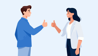 Fototapeta premium Two people gesture approval with raised thumbs. Their smiles convey mutual satisfaction and positivity. Ideal for team success, customer approval, or positive feedback scenes