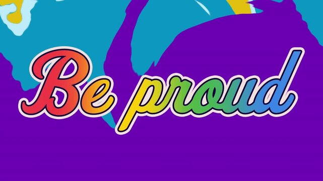 Animation of be proud rainbow text banner against colorful abstract shapes on yellow background