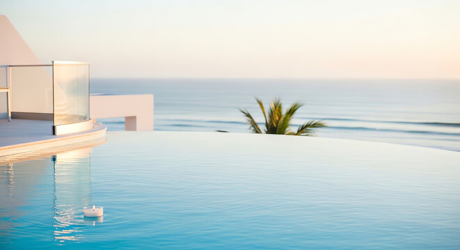 Infinity pool with ocean view at sunset surrounded by greenery  