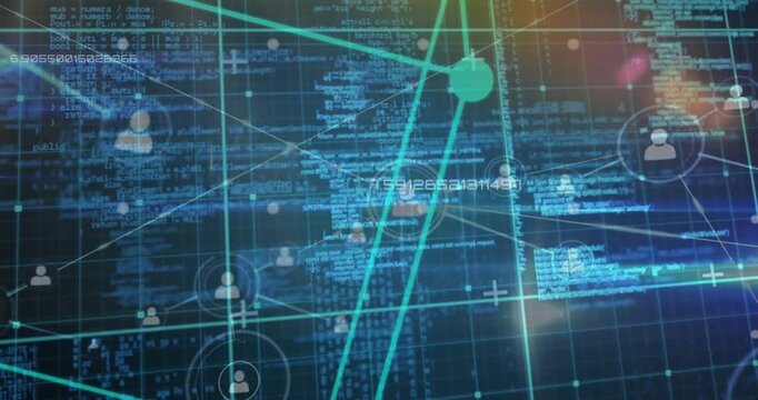 Animation of network of profile icons and data processing over light spot on blue background