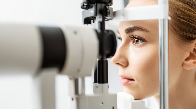 Young woman undergoing an eye examination at an optometrist's office, focused on the diagnostic equipment.