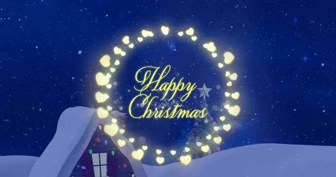 Animation of snow falling over happy christmas text over fairylights banner against winter landscape
