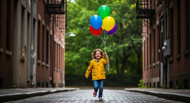 A mischievous child in a bright yellow raincoat enthusiastically runs along a city street with an armful of colorful balloons, dynamic genre shooting [with a space to copy]