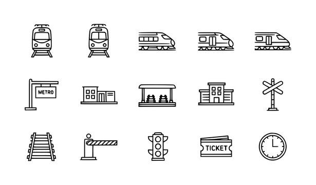 Thin line train and railway icon set with transportation symbols tracks station and metro elements vector