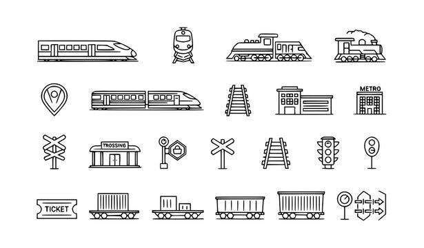 Outline train transportation icon pack with railway tracks metro locomotives and travel symbols vector