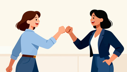 Fototapeta premium Two women cheerfully fist bump, smiling broadly. Their joyful expressions show mutual encouragement and success. Bright, clean style fits workplace, team, or celebration scenes