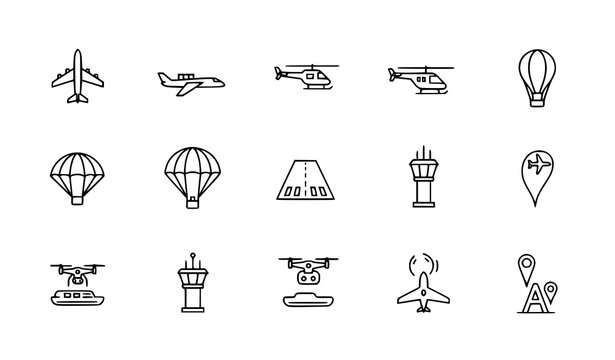 Outline aviation icon pack with airplanes helicopter parachute balloon and air travel symbols vector