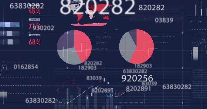 Animation of statistics and data processing on black background