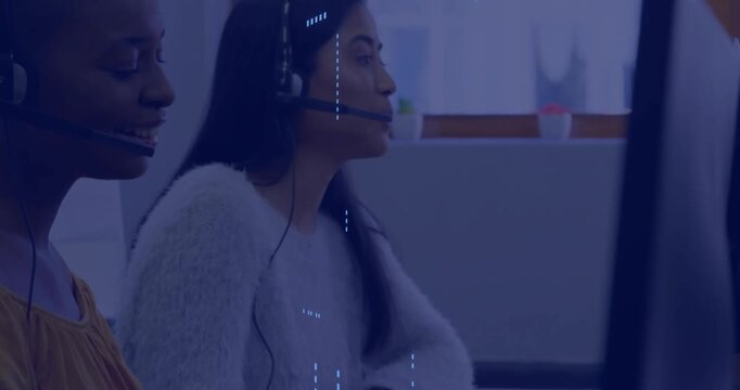Customer service representatives working with headset, digital network animation overlay