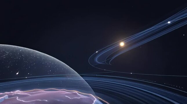 A stylized futuristic interpretation of a flat Earth model, designed as a floating circular world in deep space