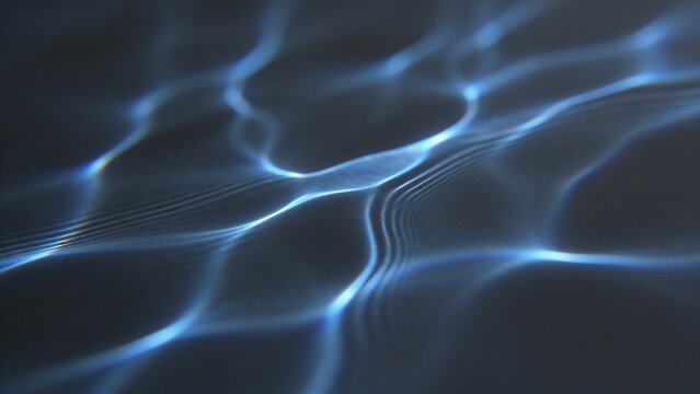 Abstract blue water caustic ripples on dark background with copy space