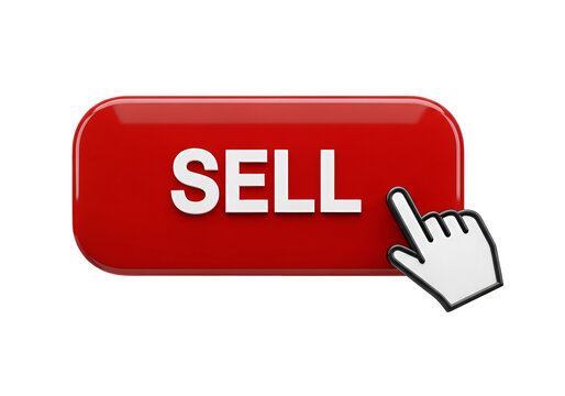 A red sell button with a white hand cursor