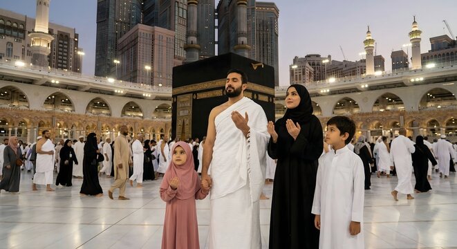 Muslim family at Mecca Kaaba.