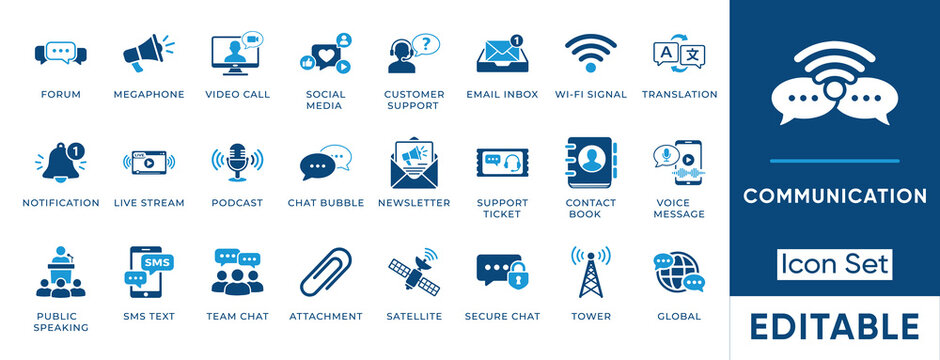 Communication icon set. Containing podcast, newsletter, broadcast, network, support, secure chat, Wi-Fi, translation and more. Solid vector icons collection.