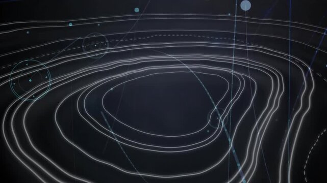 3D data interface animating, showing glowing contour lines, dashed paths and diagonal HUD beams