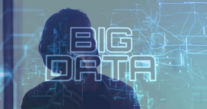 Mid adult man entering frame and raising smartphone to ear, enabling holographic big data text