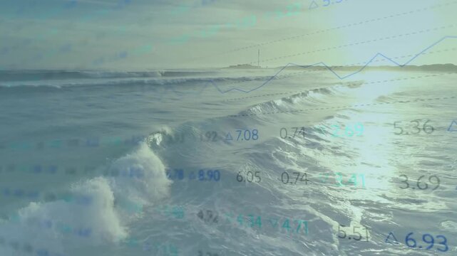 Opening drone-style camera gliding over ocean waves with tower as data charts showing rising data
