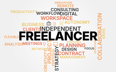 Fototapeta premium Freelancer Business Concept Word Cloud Typography Background with Minimal Line Icons - Professional Flat Vector Illustration for Remote Work, Project Management, and Digital Strategy.