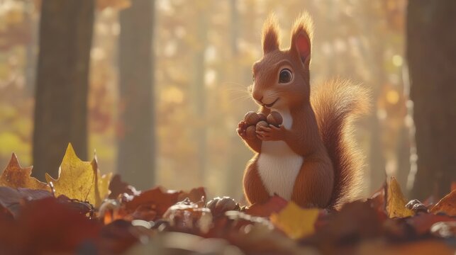 Squirrel Holding Multiple Acorns in Autumn Forest