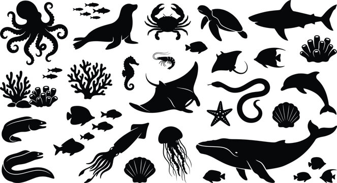 Marine animal silhouettes collection featuring ocean creatures including fish whale shark octopus turtle and coral reef elements isolated on white background vector illustration set