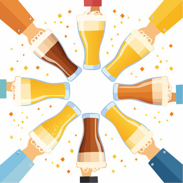 複数のビールグラスが輪になって乾杯する真上からのベクターイラスト