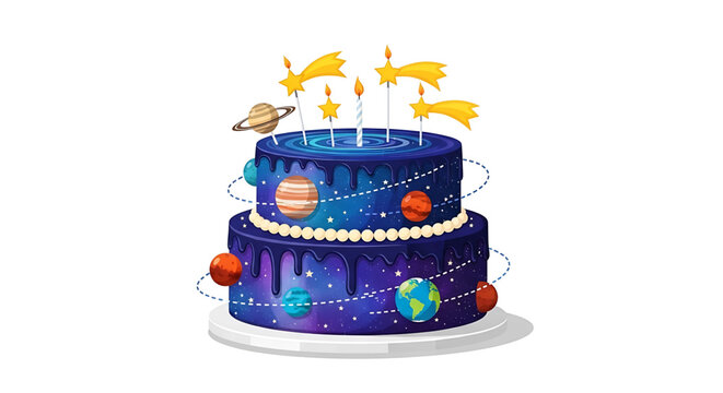 A colorful vector illustration of a two-tiered birthday cake decorated with planets and stars for a space-themed celebration