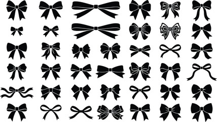 Fototapeta premium Ribbon bow silhouettes collection featuring decorative gift bows tied ribbon elements for celebration packaging design isolated on white background vector set