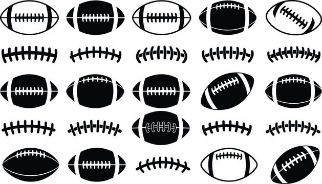 American football ball silhouettes collection featuring rugby style balls and laces icons for sports design isolated on white background vector illustration set