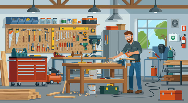 Carpenter working in organized workshop illustration with woodworking tools, workbench, saw, drill press, safety gear, lumber, and professional handyman interior scene
