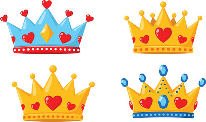 Cute crown cartoon set, colorful royal tiara with hearts and gems isolated vector illustration for kids design © MDRAKIB