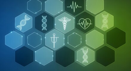 Obraz premium Futuristic medical infographic background featuring glowing hexagonal cells with DNA strands, caduceus symbol, and heartbeat icons on a blue and green gradient.