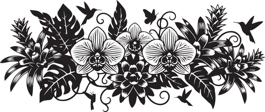 Tropical floral arrangement with orchids bromeliads and hummingbirds vector illustration black and white design