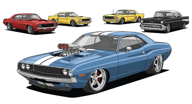 Dynamic Illustration of Vintage American Performance Cars
