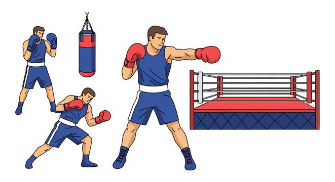 Boxer training elements including athletes in action boxing ring and punching bag representing sport and competition