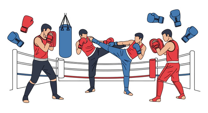 Martial Arts Athletes Training Sparring Fight Practice In Boxing Ring With Punching Bag And Gloves Demonstrating Combat Sports Action