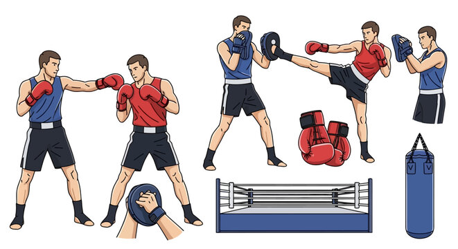 Athletic individuals practicing combat sport training with boxing ring punching bags and protective equipment on white background