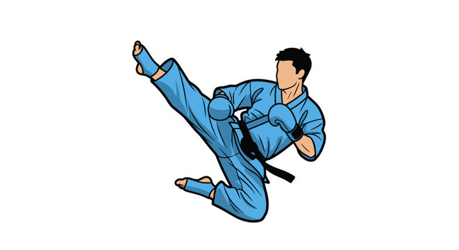 Martial arts practitioner performs a dynamic high kick in a blue uniform demonstrating combat sport athleticism and discipline for active lifestyle