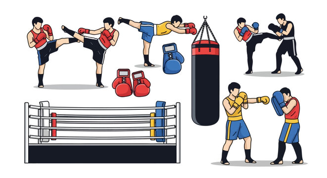 Collection of Martial Arts Combat Sports Training Elements Including Athletes and Equipment Like Boxing Ring Heavy Bag Gloves and Pads Demonstrating