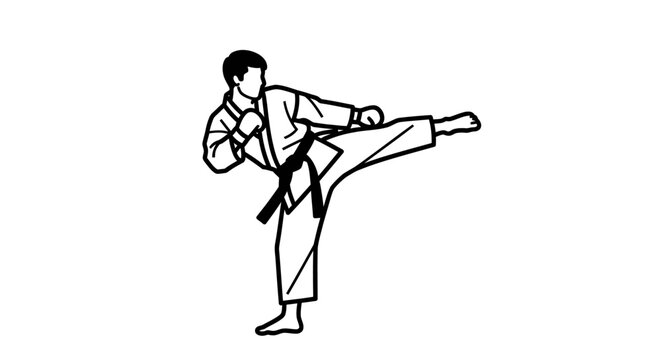 Martial Arts Athlete Performing A Side Kick In A White Uniform With A Black Belt Dynamic Action Pose Isolated On White Background For Sports And