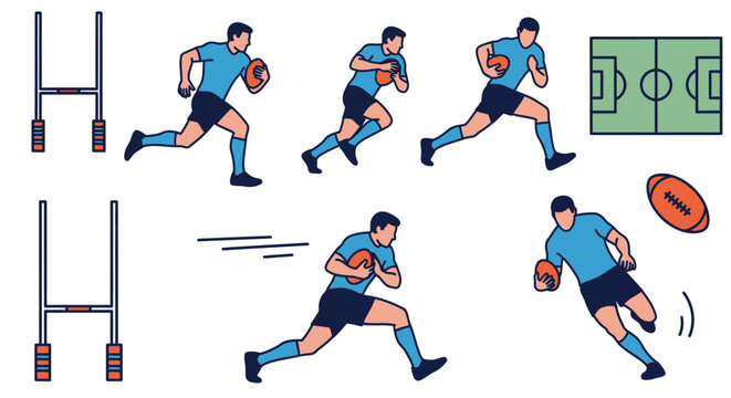 Rugby Player Action Sequence Showing Ball Carrying Movement and Game Elements for Sports Concept