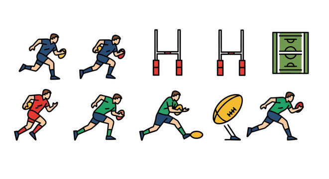 Rugby sport action collection with players kicking and running on field with goalposts and ball ready for scoring