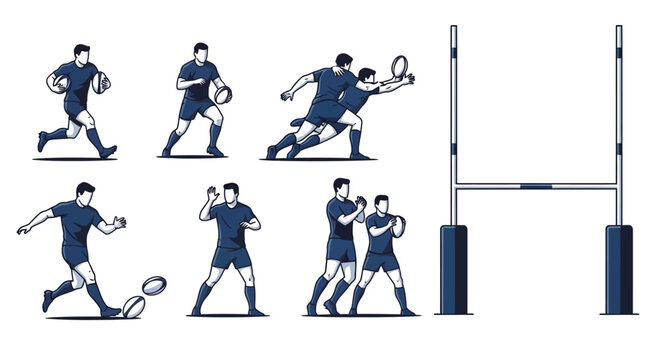 Rugby Players Demonstrate Tackling Passing Kicking And Goal Posts For Sports Action Concepts