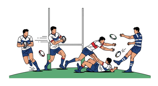 Athletic men in uniform compete in a dynamic field game involving a ball and goalposts showcasing teamwork and action