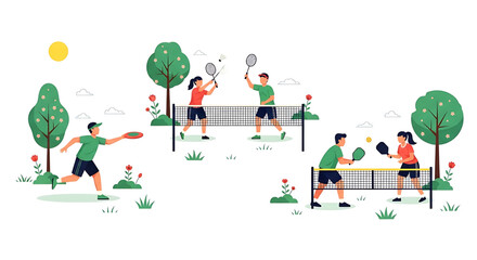 Fototapeta premium A colorful vector illustration of people playing tennis and pickleball in a park on a sunny day