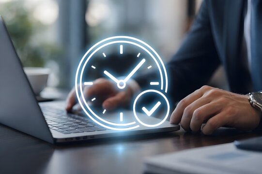 Businessman working on laptop with clock and check mark for time management