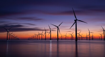 Obraz premium Rows of wind turbines in the ocean at sunset with a purple sky and reflections on the water