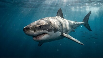 Fototapeta premium Predatory Great White Shark swimming in deep blue ocean water with cinematic sunbeams and sharp teeth visible